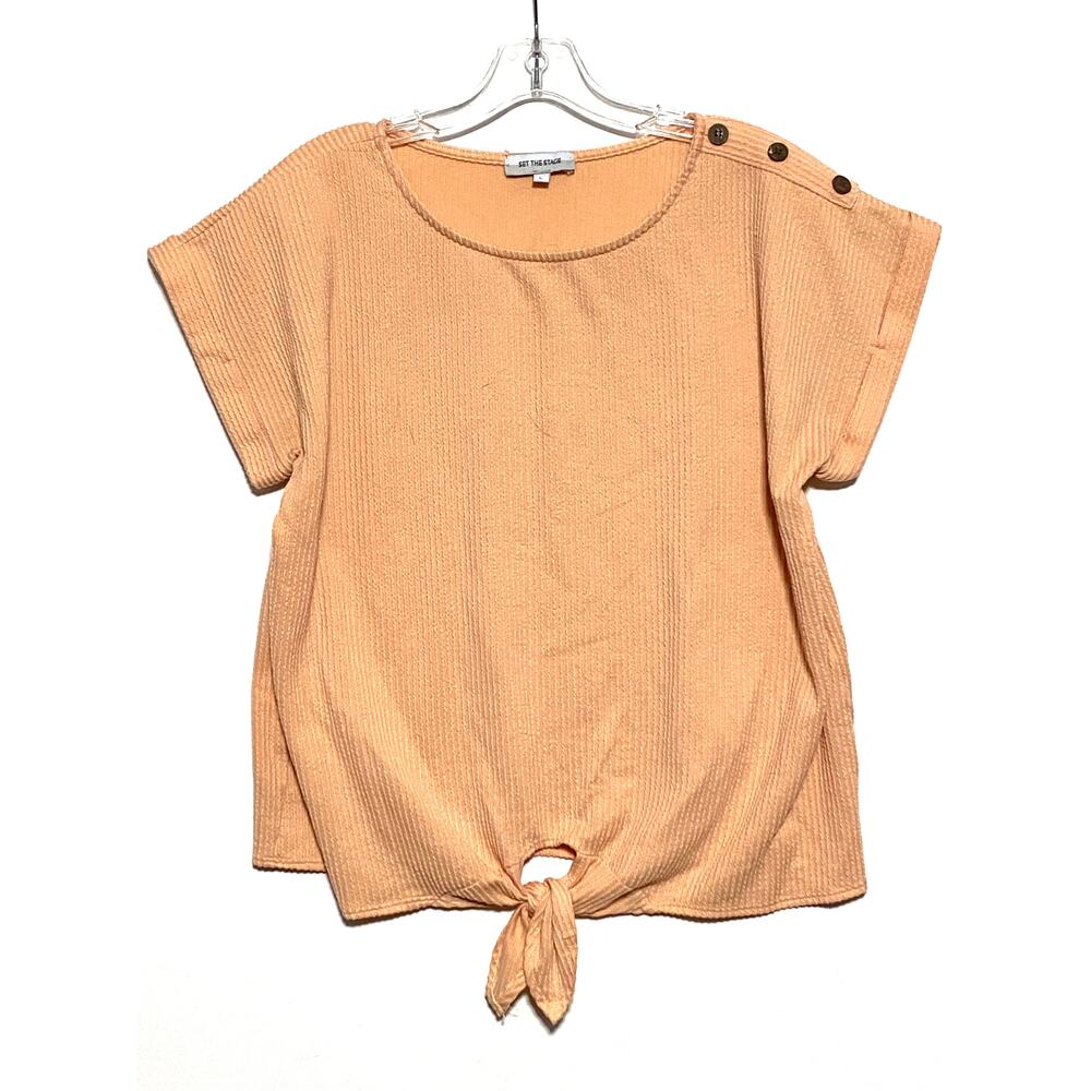 Set The Stage Tie Front Top Shirt Womens L Ribbed Boho Y2K Coastal Casual Hippie